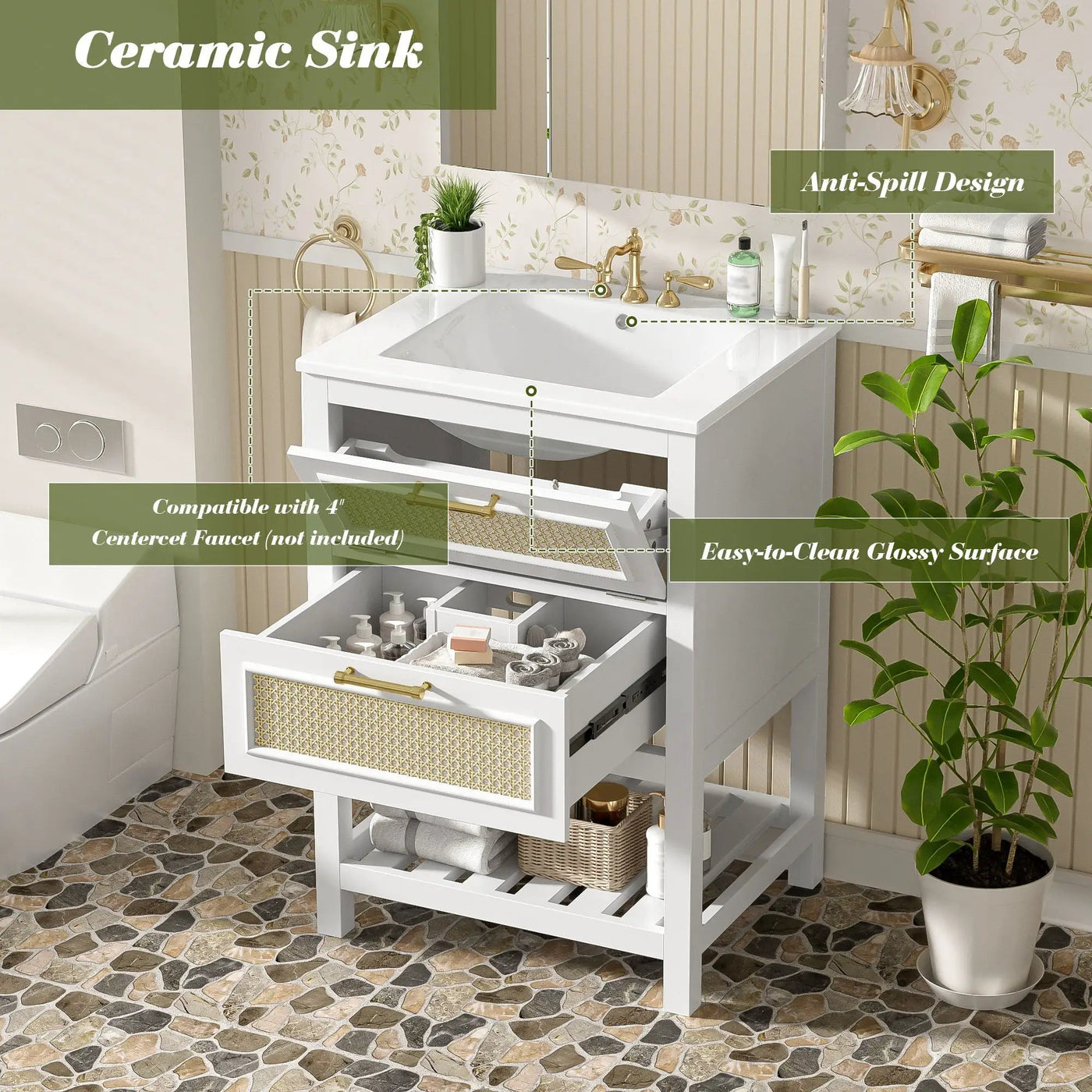 Modern Bathroom Vanity With Integrated Sink, Cabinet With 1 Deep Drawer And 1 Tip-Out Drawer by Unique Piece Furniture