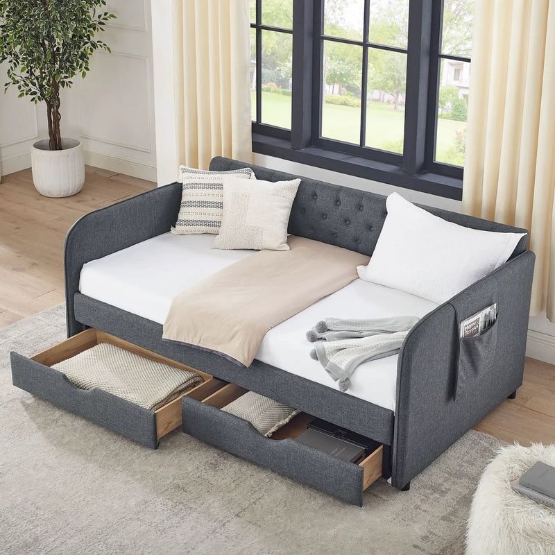 Daybed With Trundle And Storage Drawers, Flat Arms With Pocket by HouseOfZazla