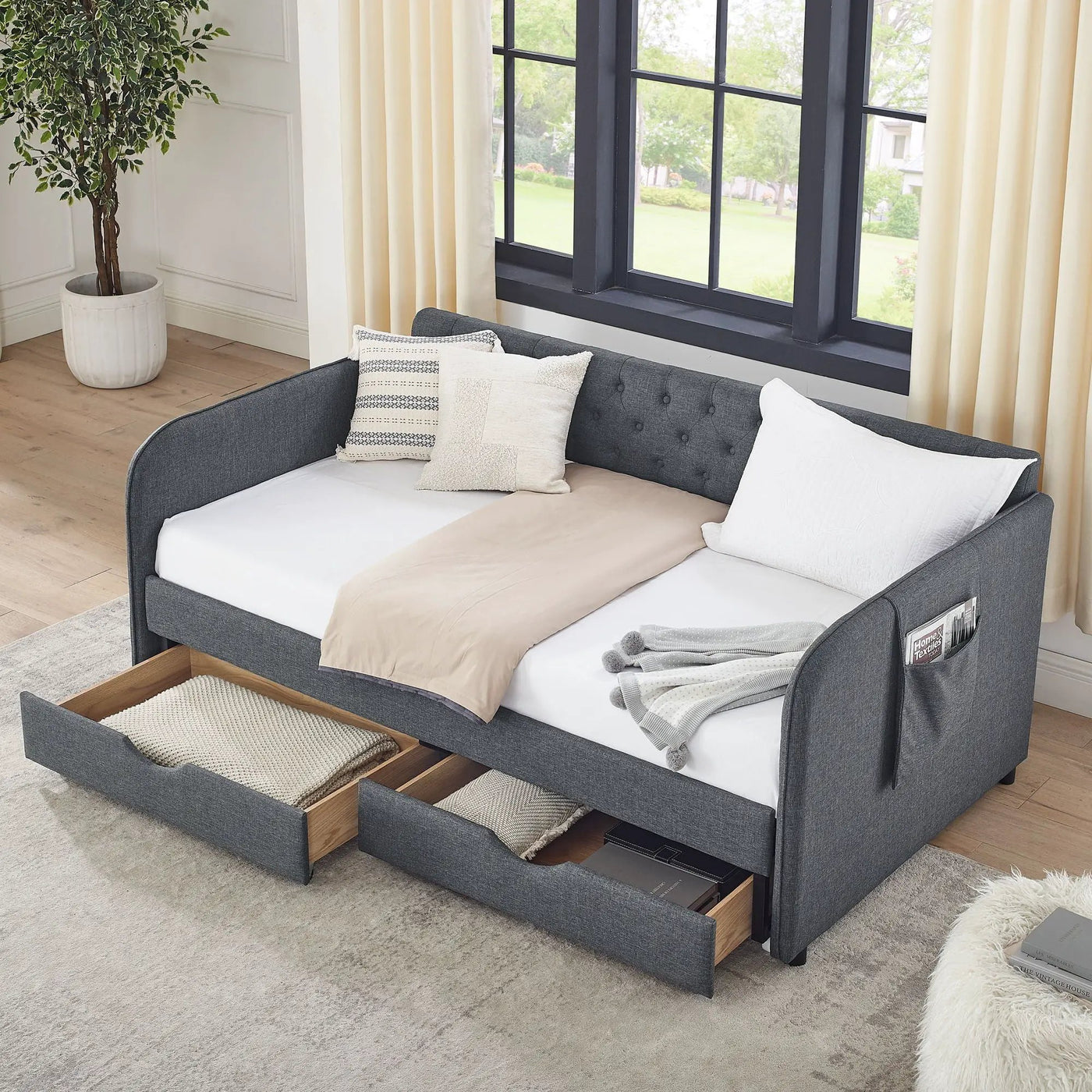 Daybed With Trundle And Storage Drawers, Flat Arms With Pocket by Unique Piece Furniture