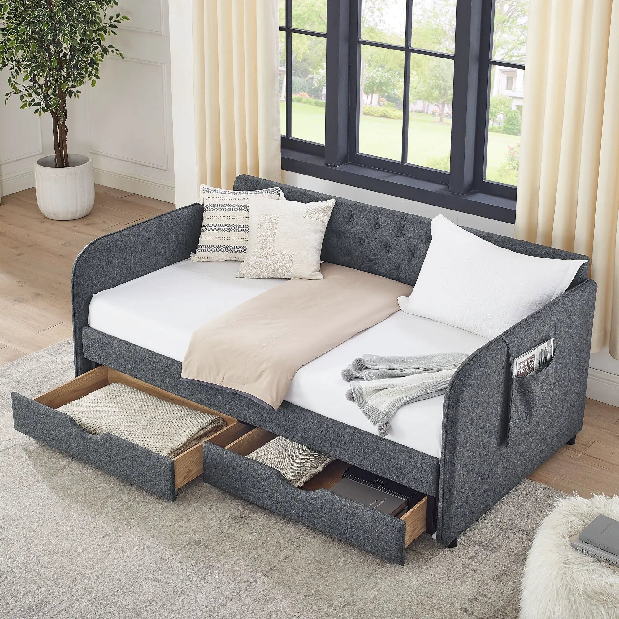 Daybed With Trundle And Storage Drawers, Flat Arms With Pocket by Unique Piece Furniture