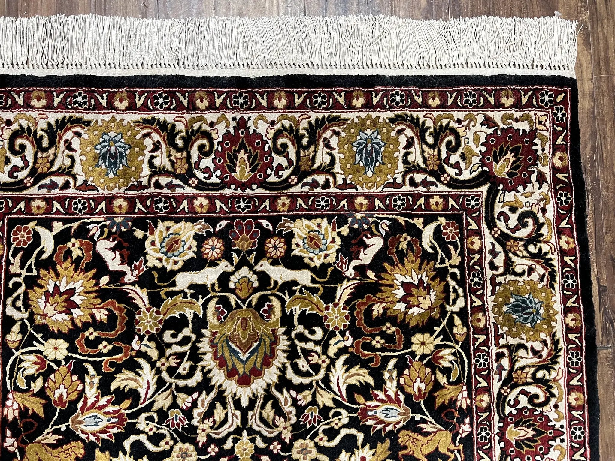 Sino Persian Silk Rug 3x5 Oriental Carpet 3 x 5 Fine Silk Rug, Black Ivory Gold, Animal Motifs, Flowers, High Quality, Vintage Silk Rug Wow by Jewel Rugs