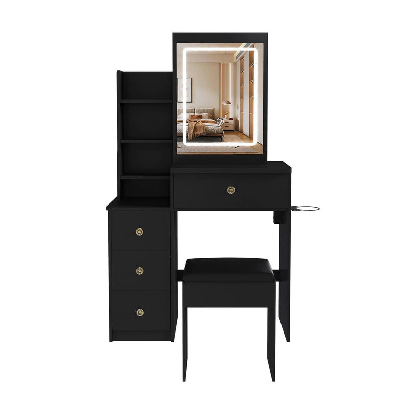 Vanity Desk With 3 LED Lighting Modes, 4 Drawers, Open Shelves, Hair Dryer Holder & Power Socket Dressing Table Set With Chair - Black by HouseOfZazla