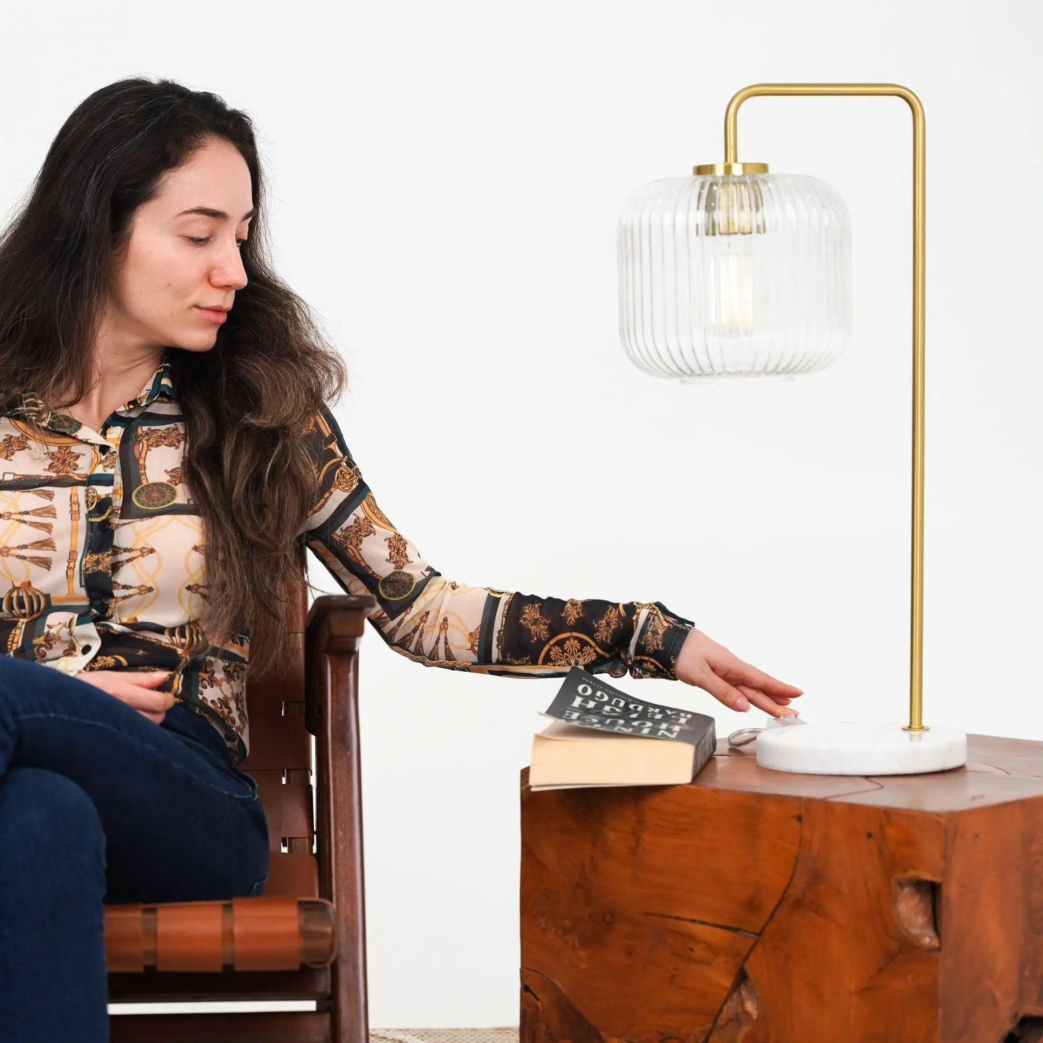 Haven - Clear Table Lamp, Button Control - Gold / White / White Marble by HouseOfZazla