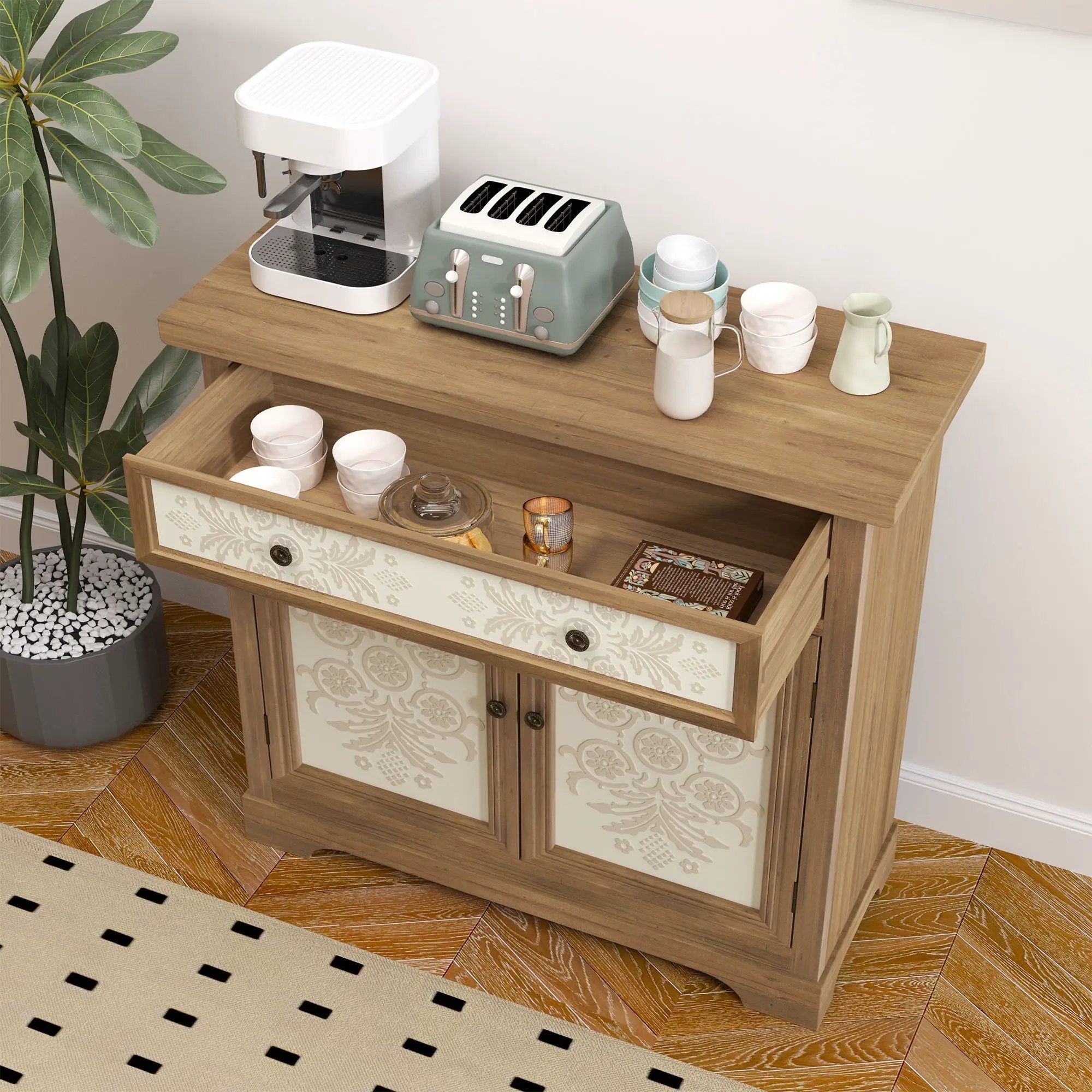 Accent Cabinet With Carved Floral Panels, Sideboard With Drawer And Double Doors - Antique Brown / White by HouseOfZazla