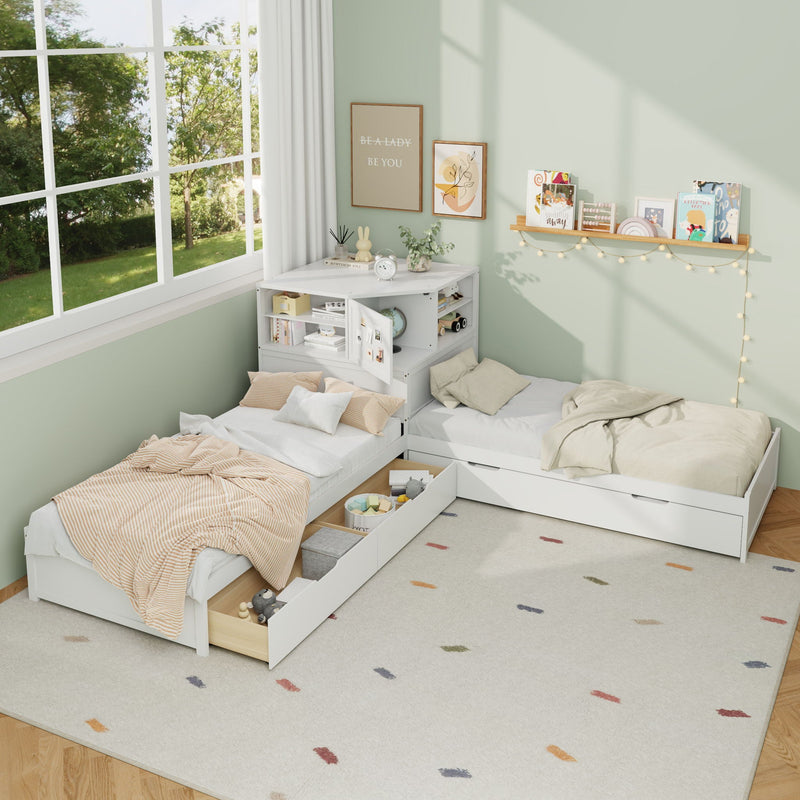 L-Shaped Bed Frame With Trundle, Built In Desk & LED Lighting by HouseOfZazla
