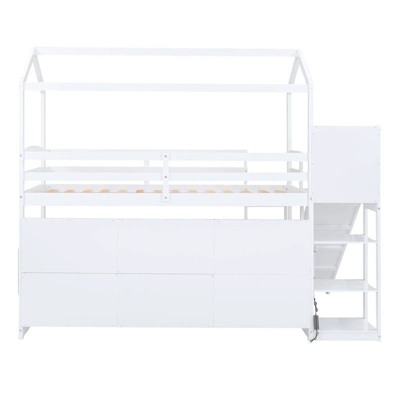House Loft Bed With Slide, Storage Shelves And Light, Climbing Ramp by HouseOfZazla