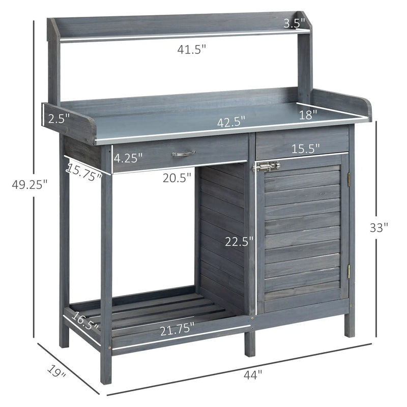 Outsunny - Outdoor Potting Bench Table, Garden Work Station With Storage Cabinet, Open Shelf And Steel Tabletop - Gray by HouseOfZazla