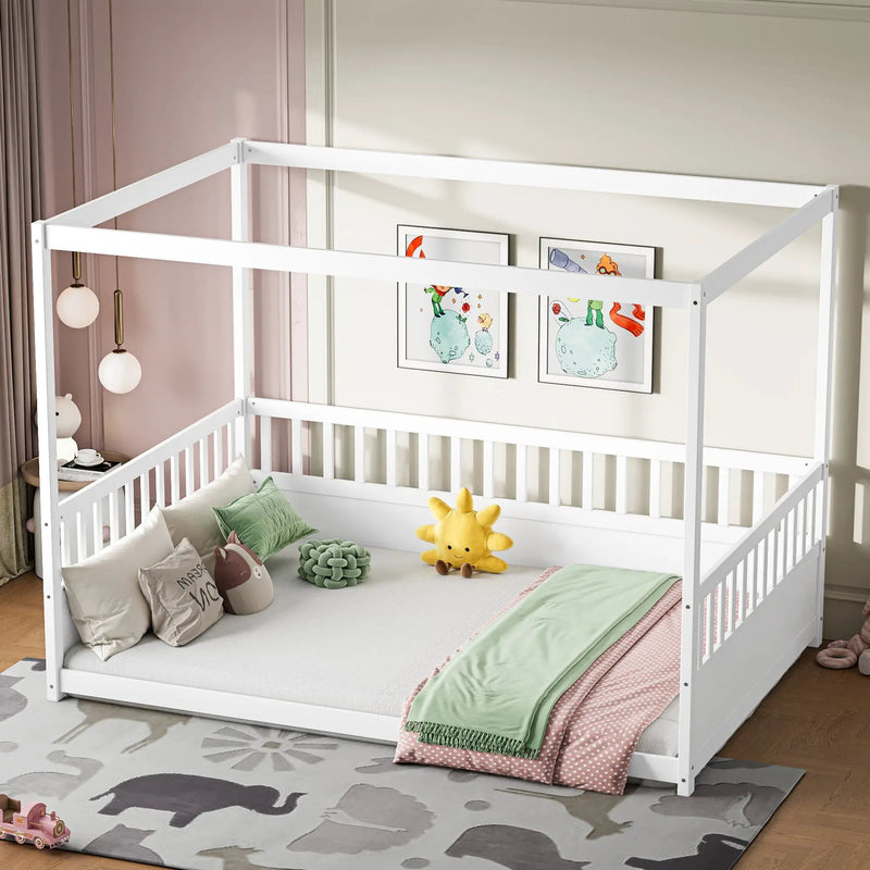 Full Size Canopy Bed Frame with Guardrails for Kids by HouseOfZazla