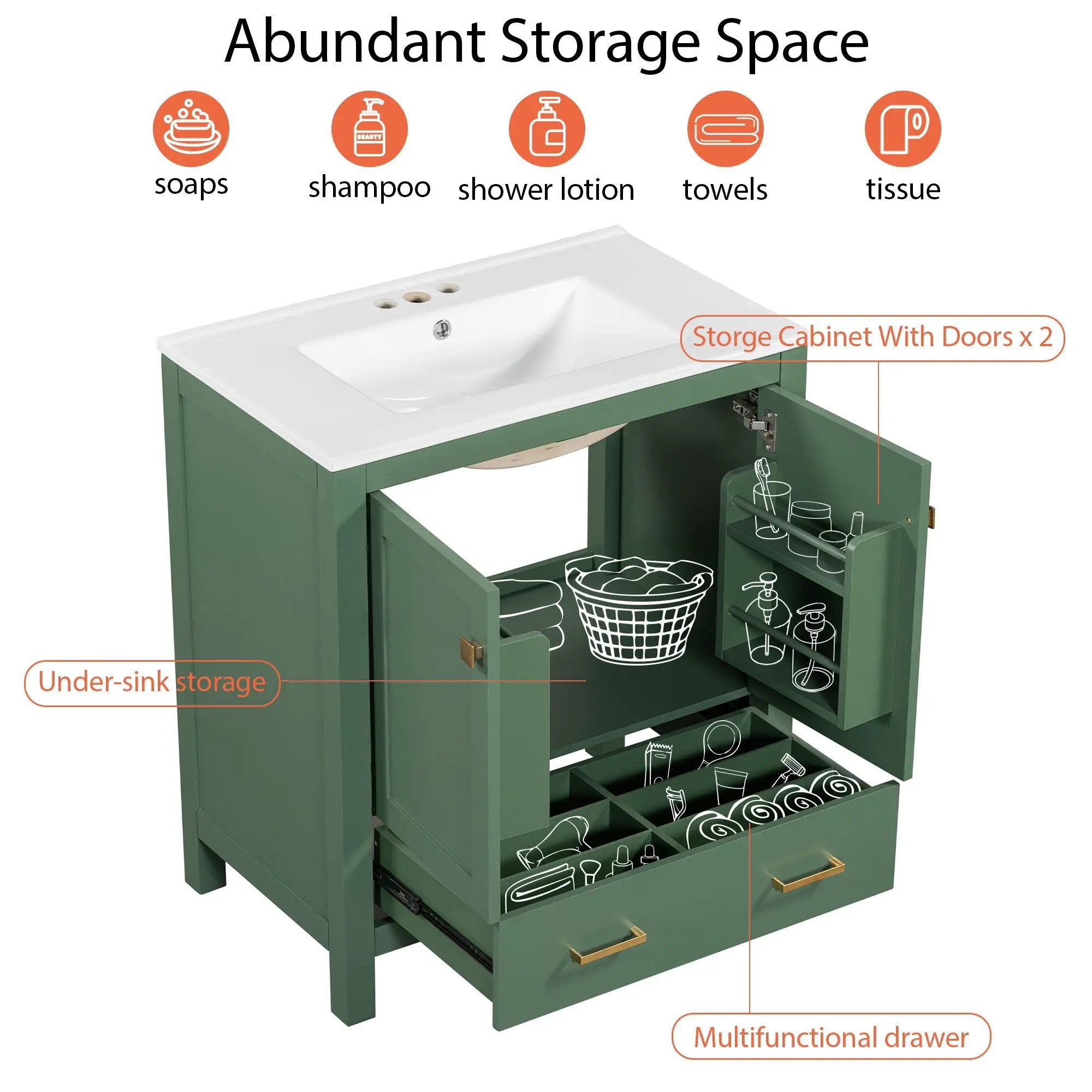 Bathroom Vanity With Single Sink, Combo Cabinet Undermount Sink, Bathroom Storage Cabinet With 2 Doors And A Drawer, Soft Closing, Multifunctional Storage, Solid Wood Frame by Unique Piece Furniture
