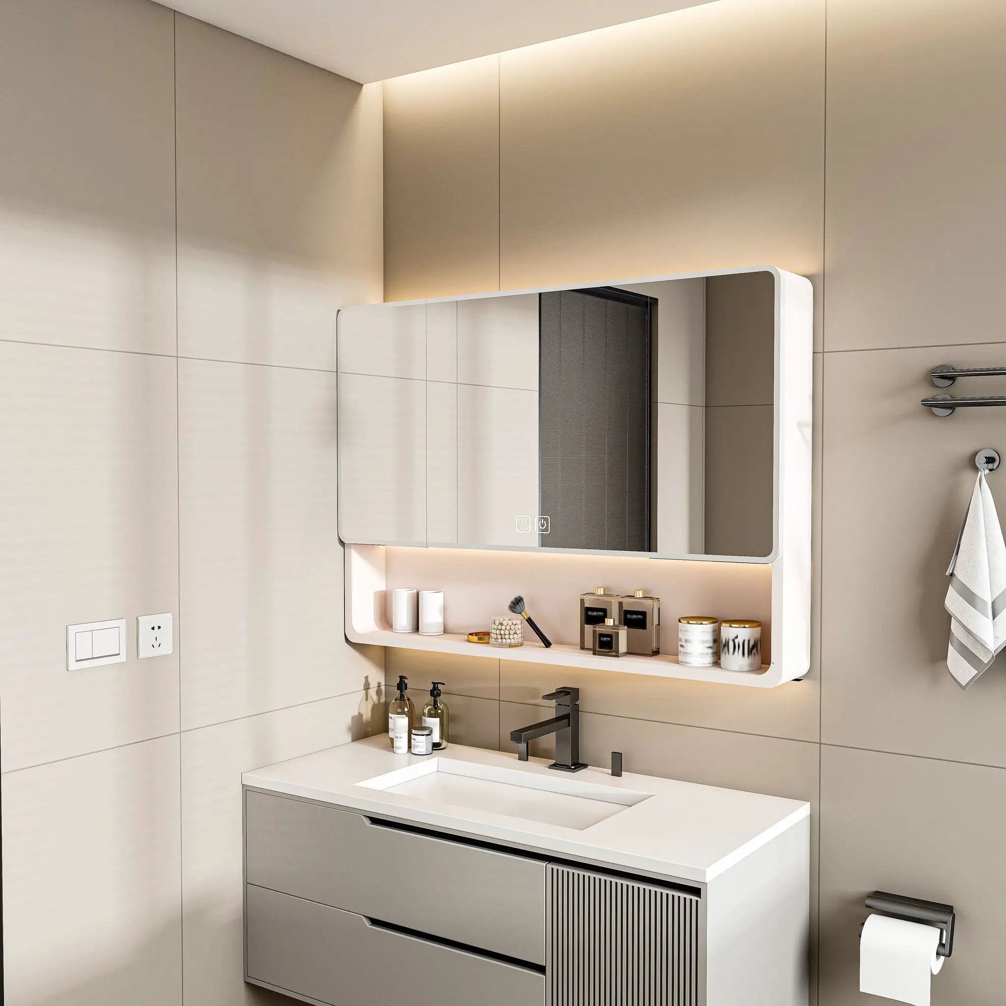 Aluminium Medicine Cabinet Mirror, With 3 Colors LED Light And Defogging Function - Khaki by Unique Piece Furniture