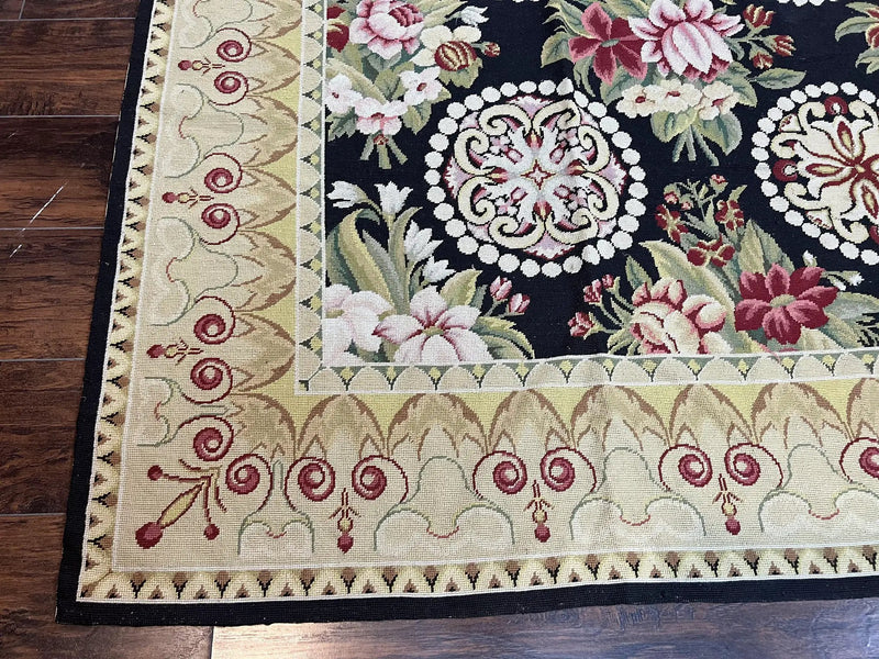 9x12 Black Needlepoint Rug, European Floral Panel Design, Handwoven, Vintage Chinese Needlepoint, Black Green Beige, Wool Rug 9 x 12 by Jewel Rugs