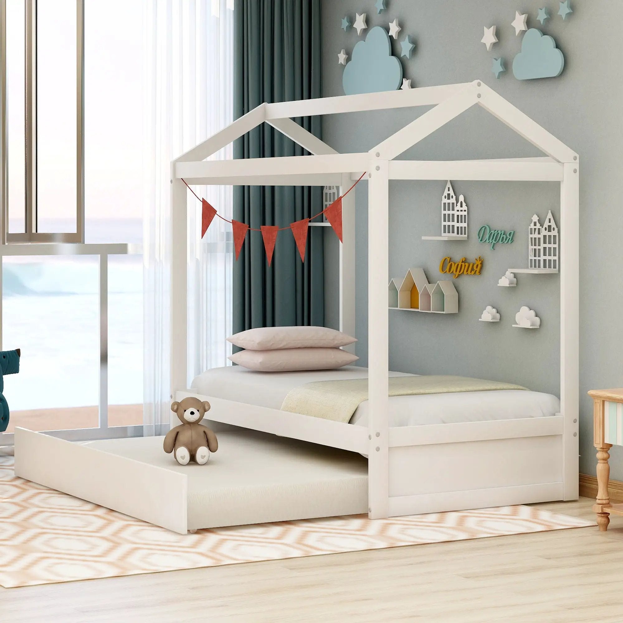 House Bed With Trundle In, Twin Size - White