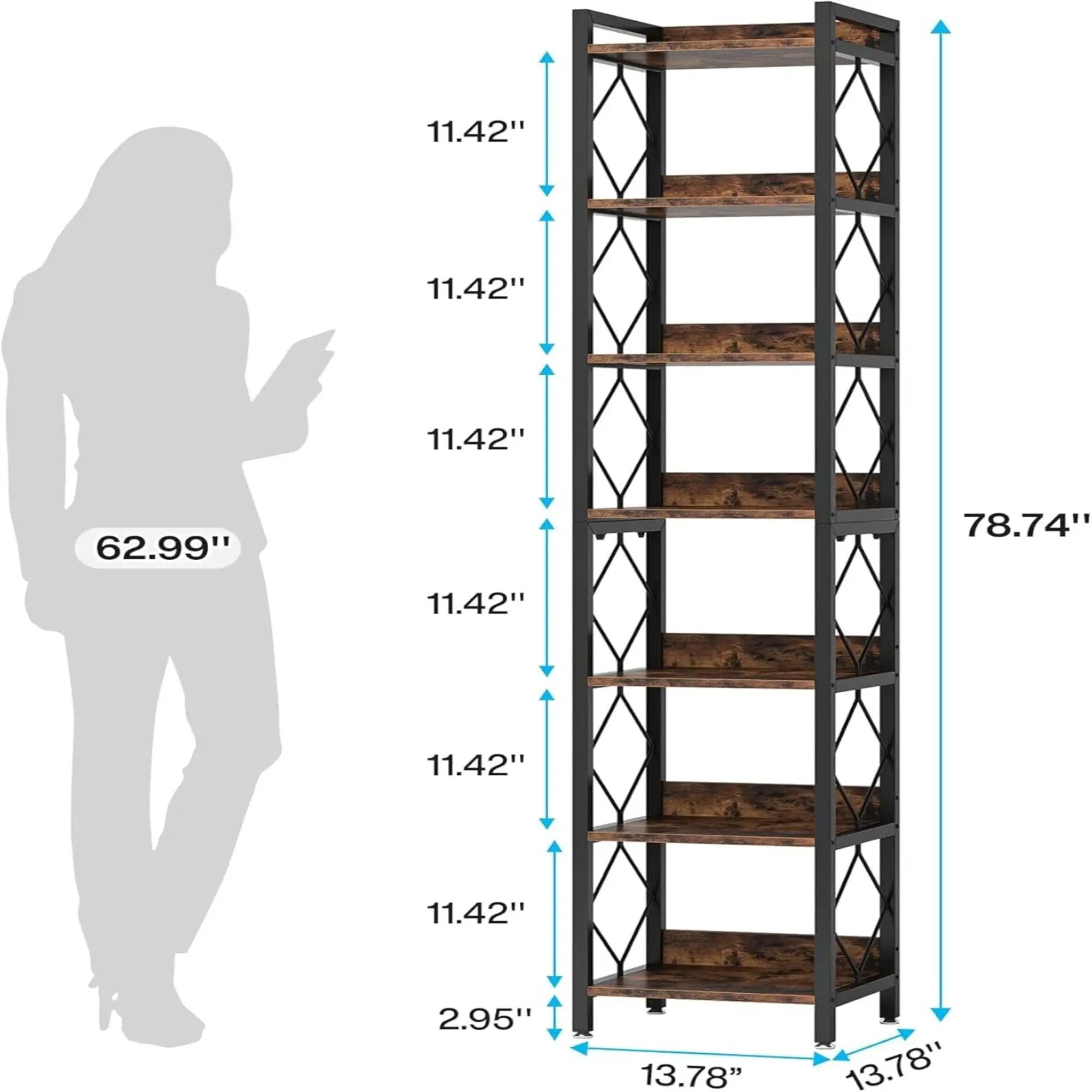 Extra Tall 7 Tier Narrow Corner Bookshelf Storage Display Rack For Living Room - Rustic Brown