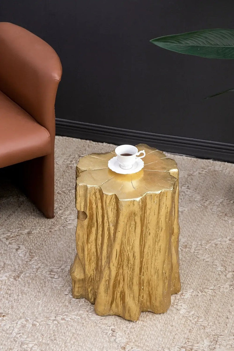 Unique Golden Tree Trunk Stool with Antique Gold Distressed Finish by HouseOfZazla