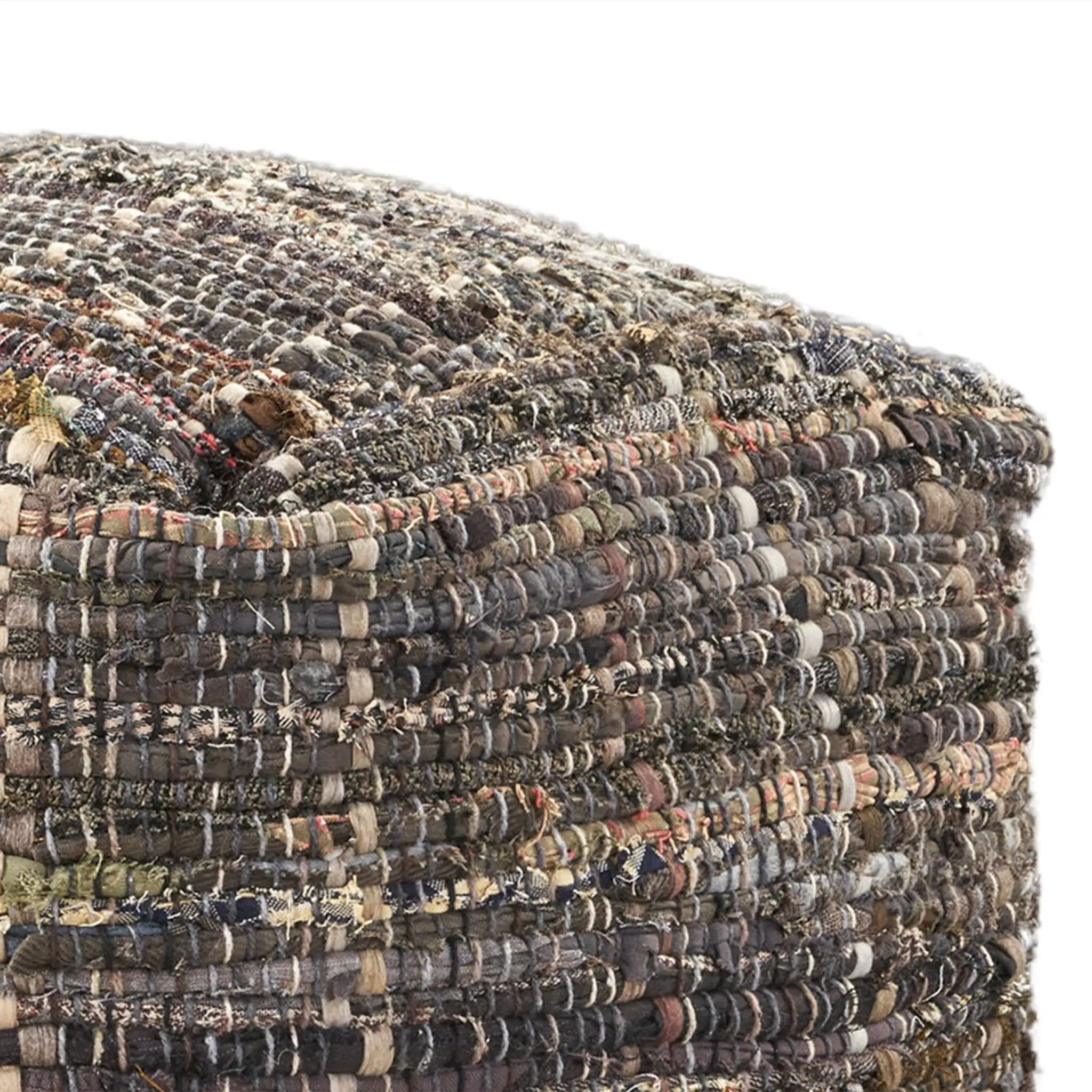 Koki - Handcrafted Fabric Pouf Recycled Denim And Paper Chindi - Khaki by Unique Piece Furniture