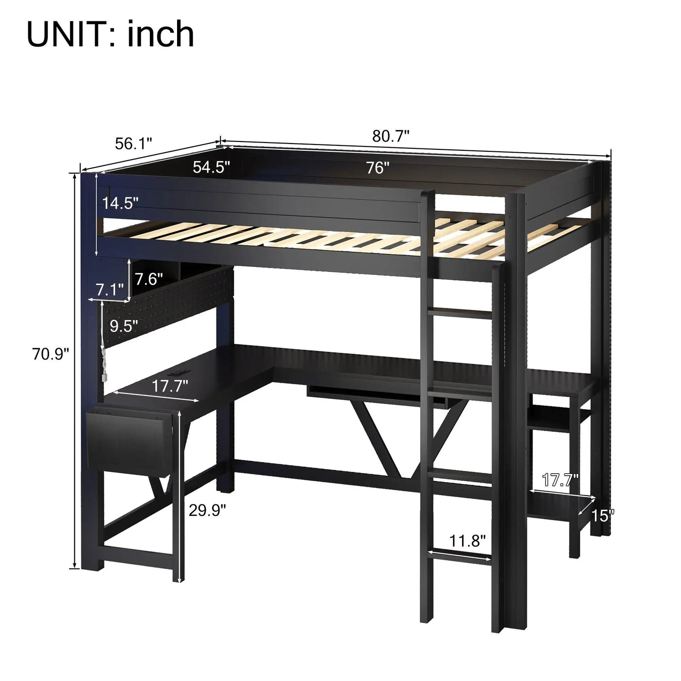 Gaming Loft Bed With Desk, Storage Shelves, LED And Charging Station by Unique Piece Furniture