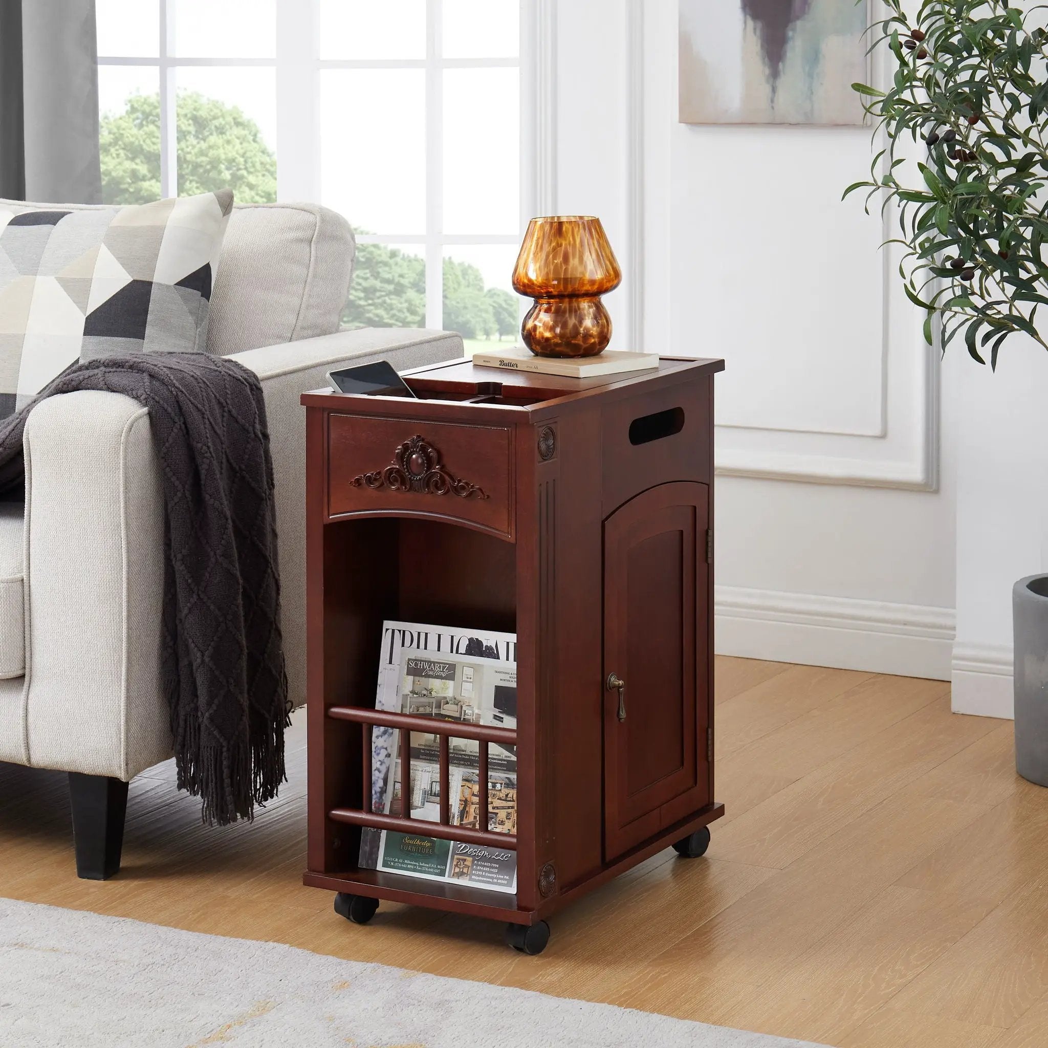 Traditional End Table With Charging Station, Narrow Side Table With USB Ports And Outlets - Red Walnut by Unique Piece Furniture