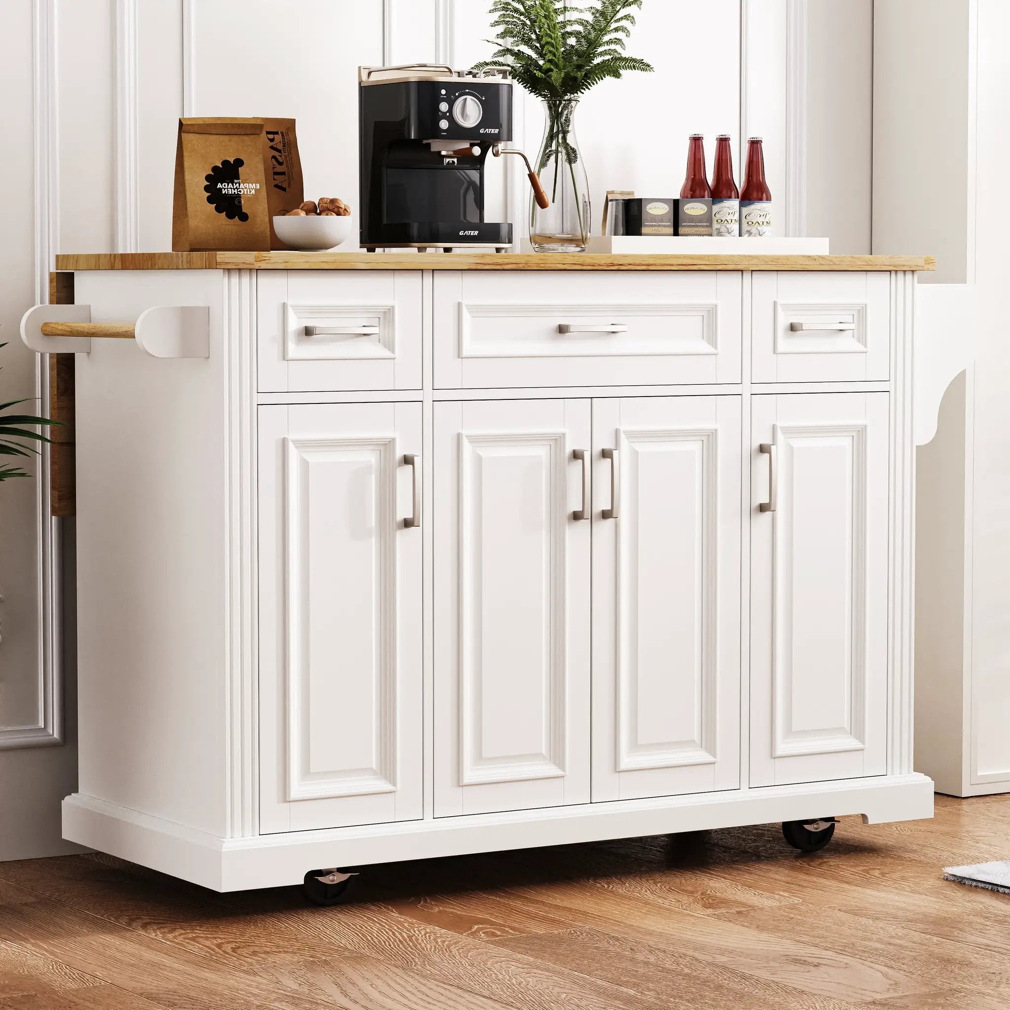 K&K 54-Inch Large Kitchen Island with Rubber Wood Drop Leaf by HouseOfZazla