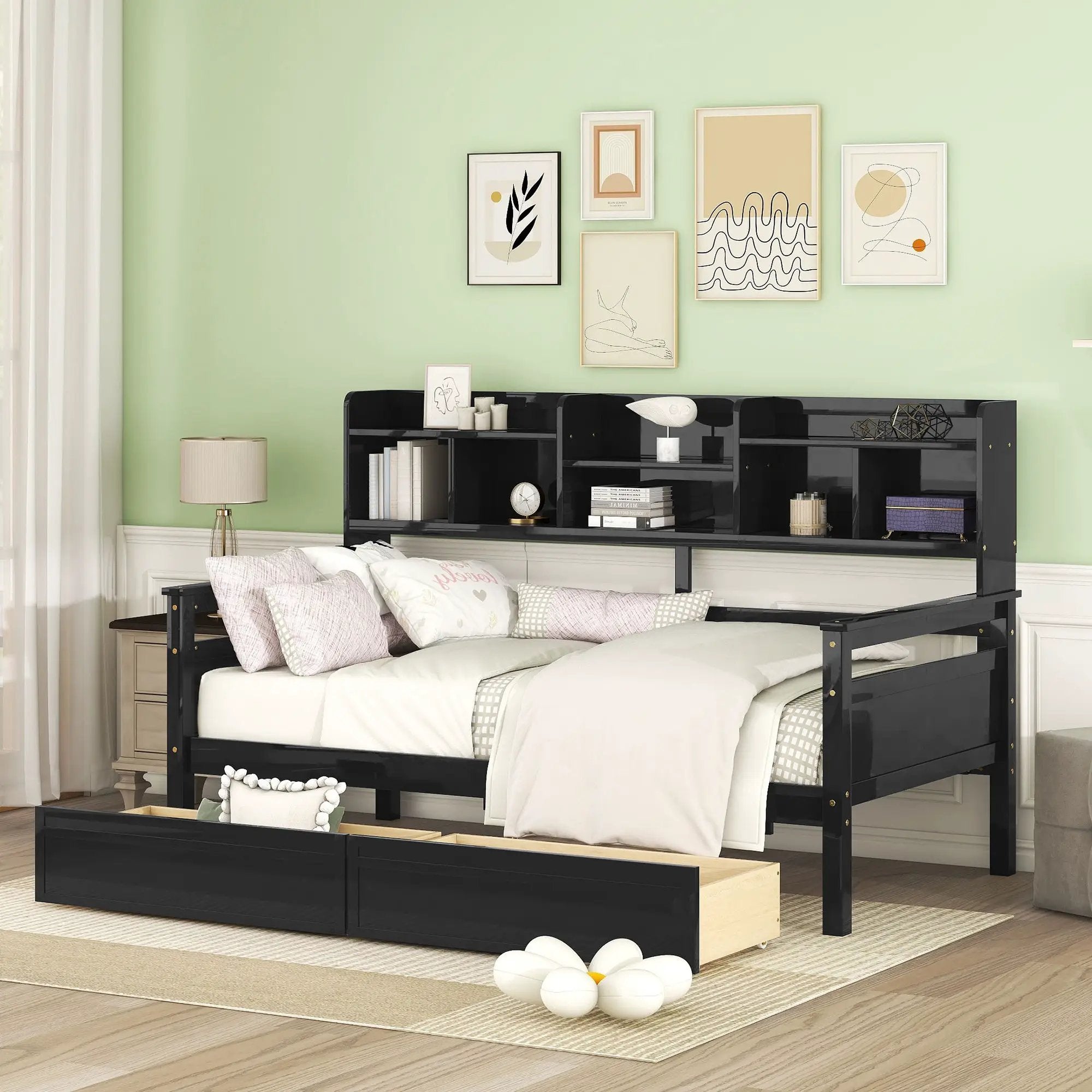 Daybed, Slat Support, With Bedside Shelves And 2 Drawers by HouseOfZazla