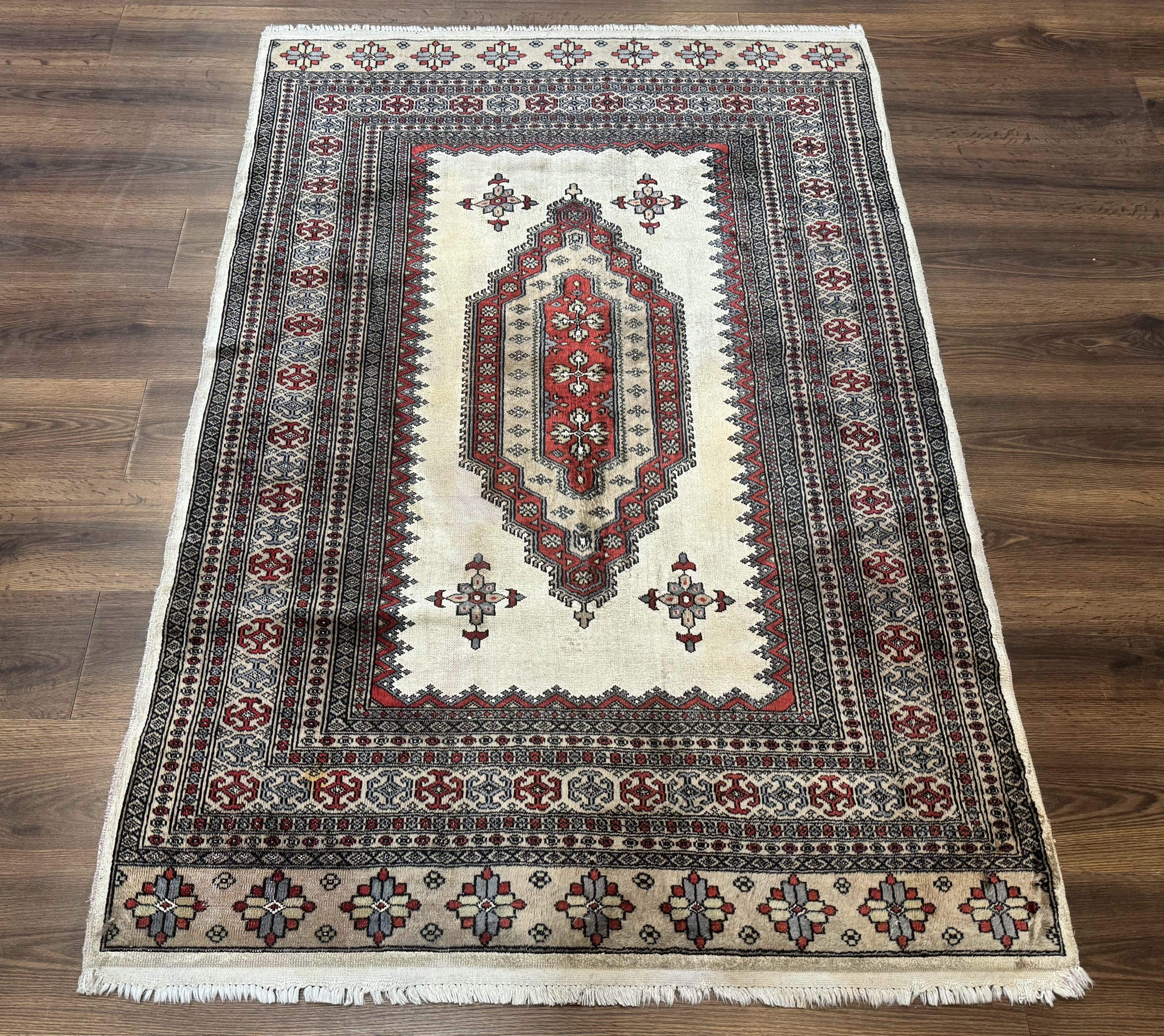 Pakistani Turkoman Rug 4x6, Semi Open Field, Ivory, Vintage by Jewel Rugs