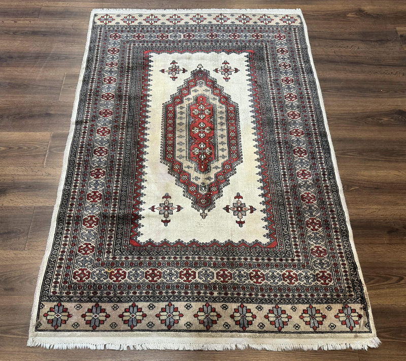 Pakistani Turkoman Rug 4x6, Semi Open Field, Ivory, Vintage by Jewel Rugs