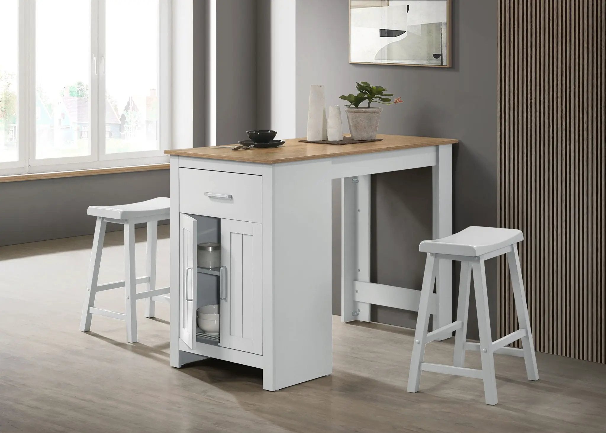 Alonzo - Small Space Counter Height Dining Table With Cabinet, Drawer, And 2 Ergonomic Counter Stools (Set of 3) by HouseOfZazla