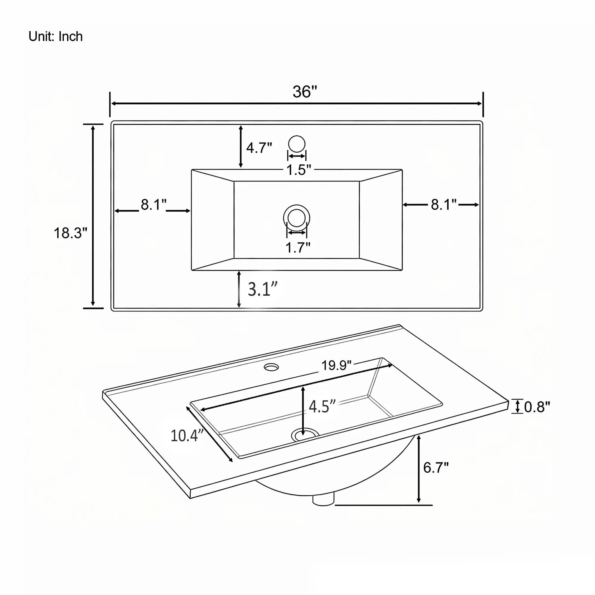 36" Ceramic Basin Sink, 0.8" Ultra-Thin Profile by HouseOfZazla