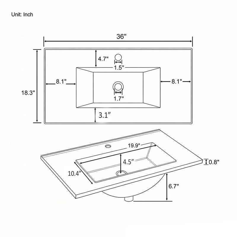 36" Ceramic Basin Sink, 0.8" Ultra-Thin Profile by HouseOfZazla