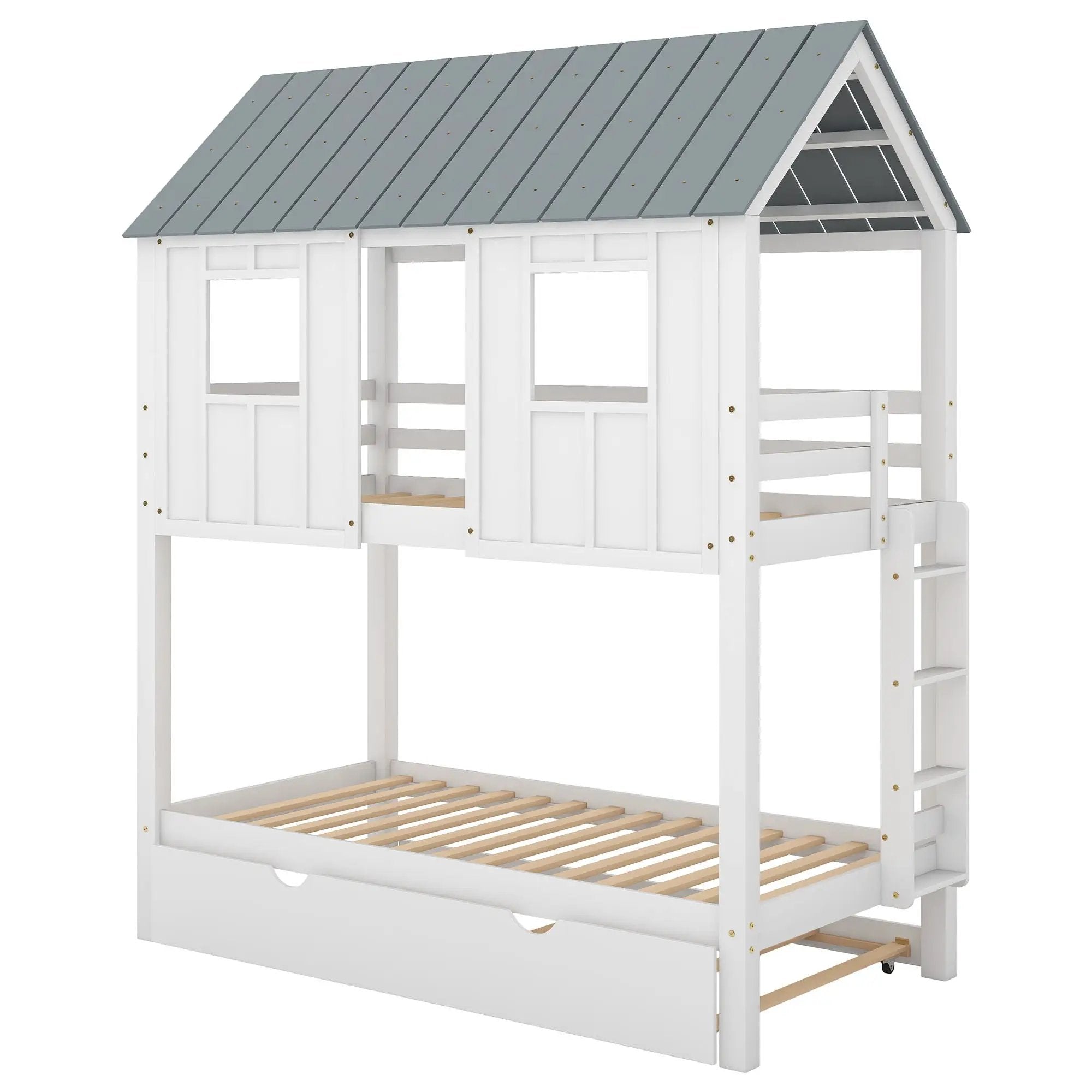 Twin Size House Bunk Bed With Trundle, Roof And Windows - White / Gray by HouseOfZazla