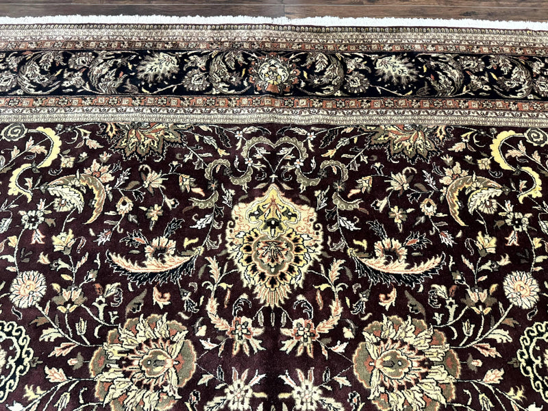 Indo Persian Rug 10x14, Floral Allover, Handmade Vintage Wool Rug, Dark Maroon/Plum and Black by Jewel Rugs