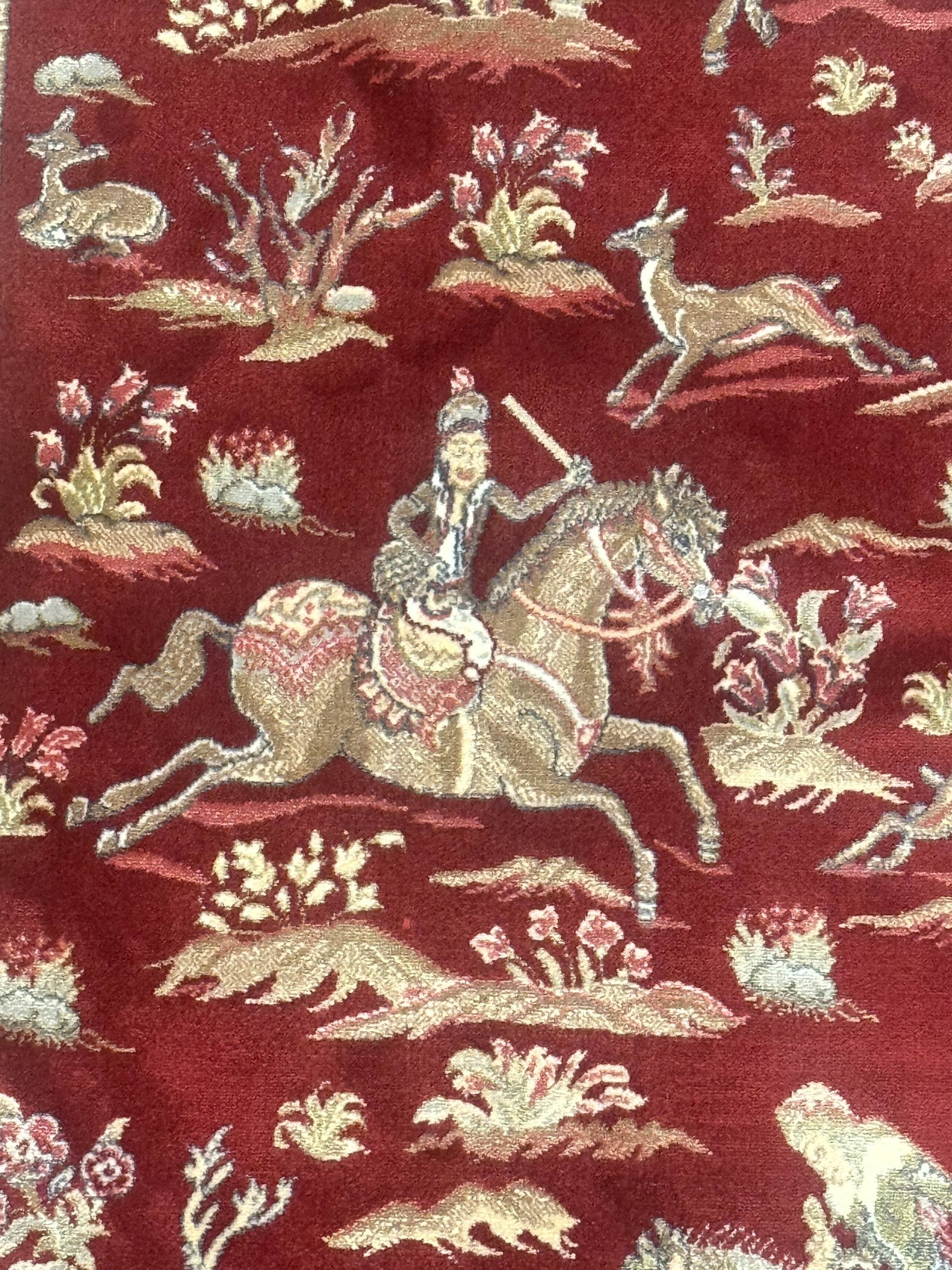 Turkish Silk Rug 2.6 x 6.7, Hunting Design, Short Runner Rug, Red & Ivory, Bamboo Silk, New by Jewel Rugs