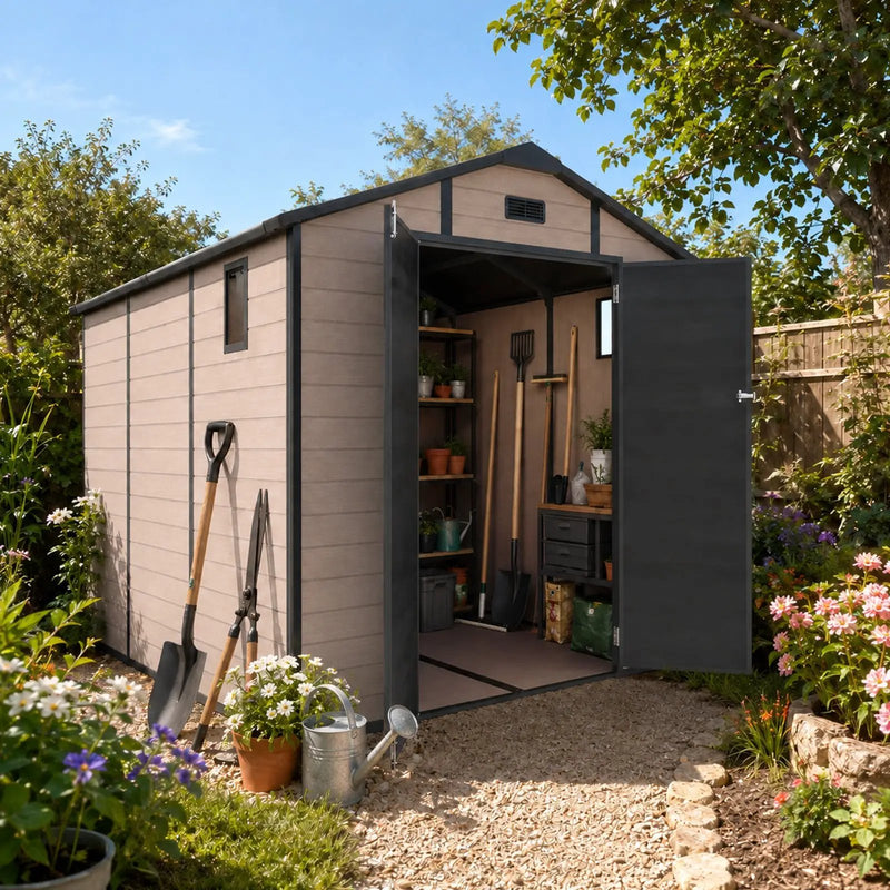 8x10 FT Plastic Outdoor Storage Shed - Lockable Resin Tool Shed by HouseOfZazla