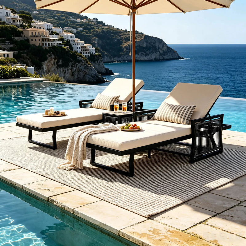 Black Iron Outdoor Chaise Lounge with Cream Cushion by HouseOfZazla