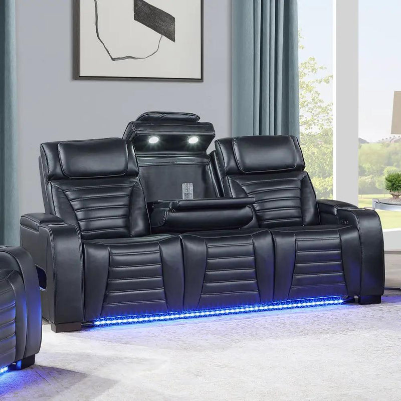 Ephron - Power Motion Sofa With Dropdown Table, Wireless Charging, Reading Light, Power Headrests & LED - Black by Unique Piece Furniture
