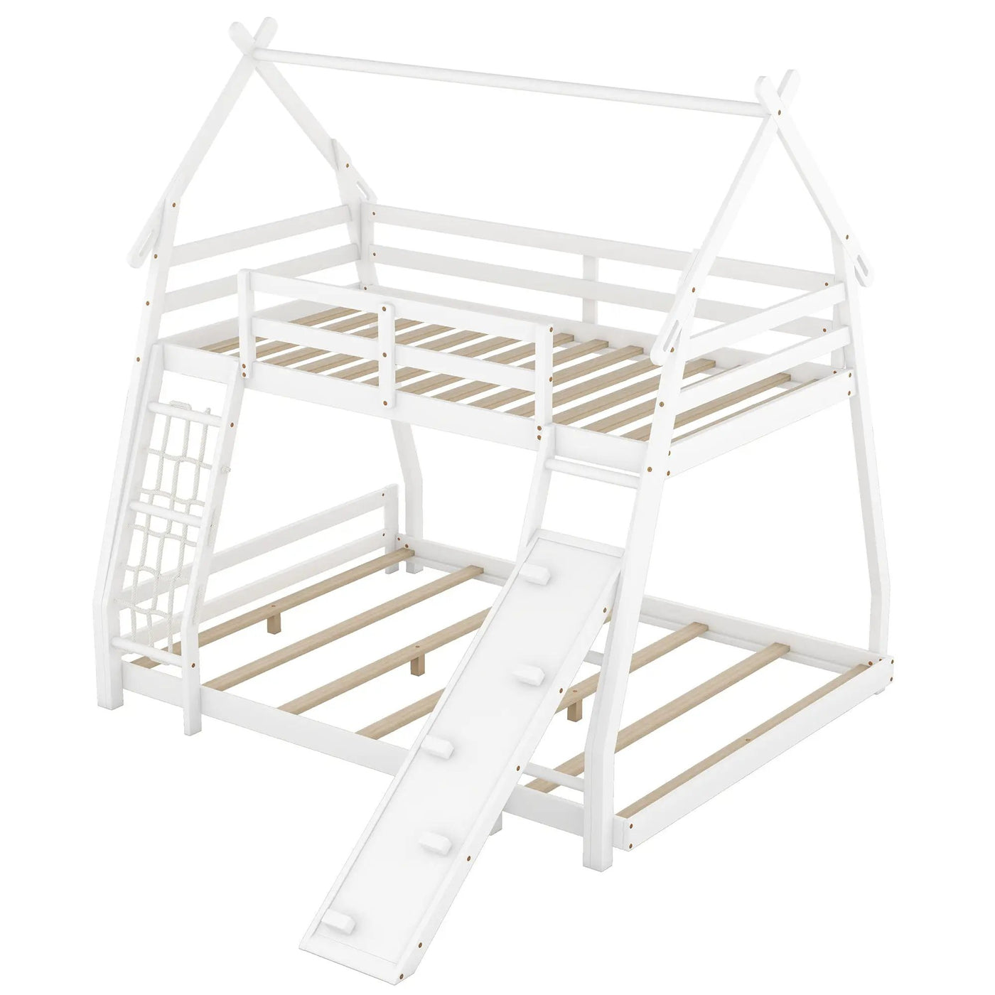 Twin Over Queen House Bunk Bed With Climbing Nets And Climbing Ramp by HouseOfZazla