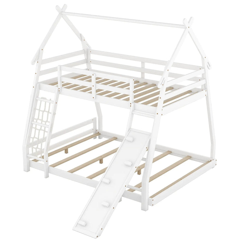 Twin Over Queen House Bunk Bed With Climbing Nets And Climbing Ramp