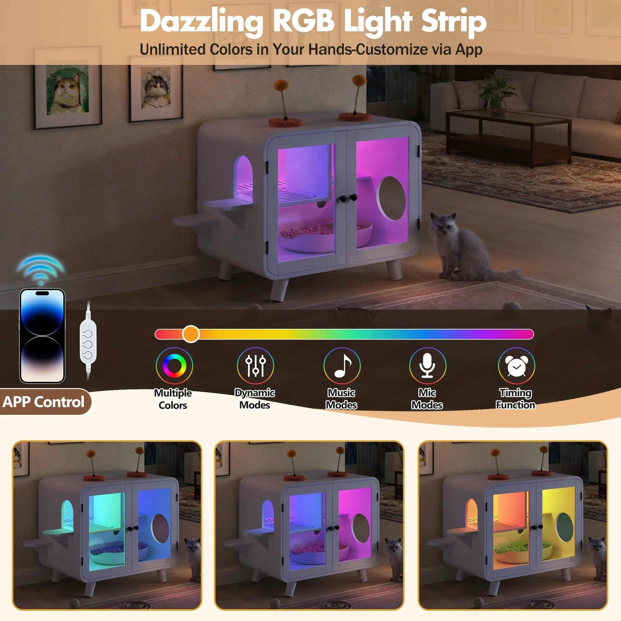Cat Hidden Litter Box Enclosure with RGB LED Light by HouseOfZazla
