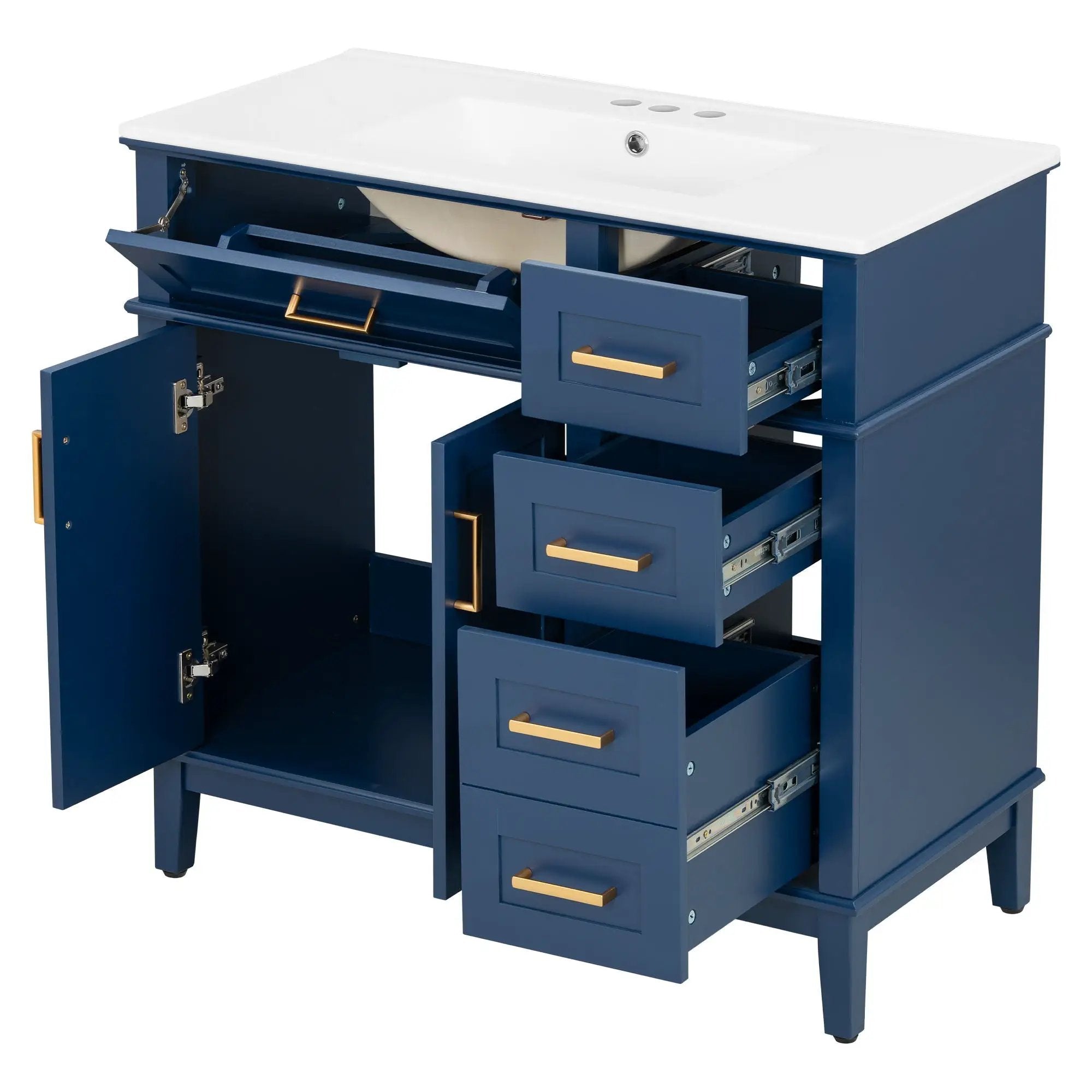 Bathroom Vanity With Ceramic Sink, Soft-Close Doors, 4 Storage Drawers - Blue by HouseOfZazla