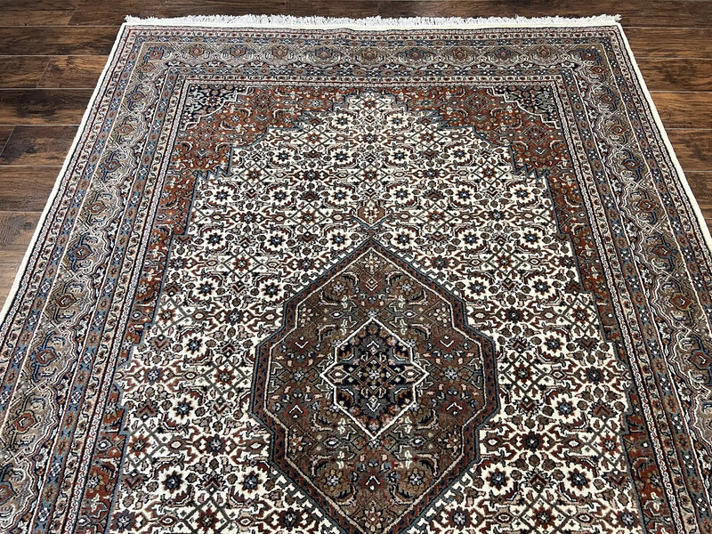 Indo Persian Rug 7x10 ft, Hand Knotted Wool Vintage Oriental Carpet 7 x 10, Traditional Handmade Herati Bidjar Cream Rug, Medallion Rug by Jewel Rugs