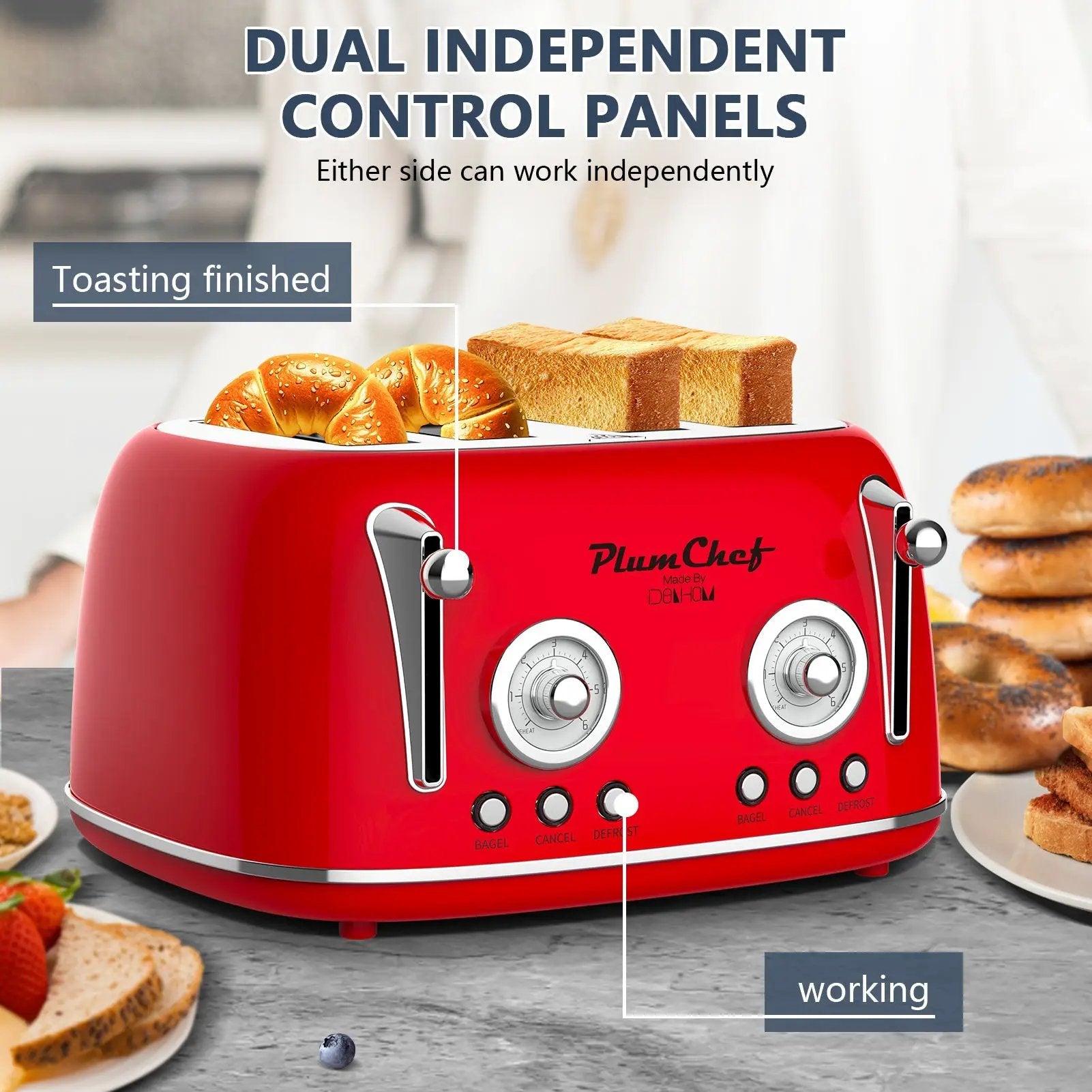4 Slice Retro Style Toaster, Dual Control, 6 Browning Settings by HouseOfZazla