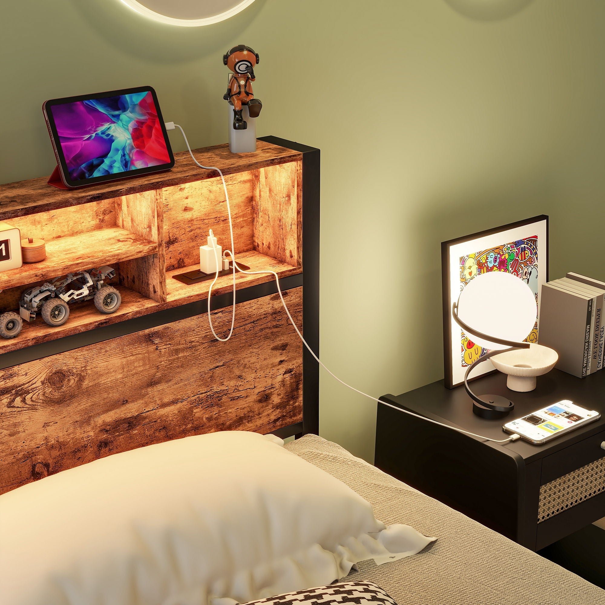 Modern Twin Size Metal Platform Bed Frame With Storage Headboard And Charging Station - Brown