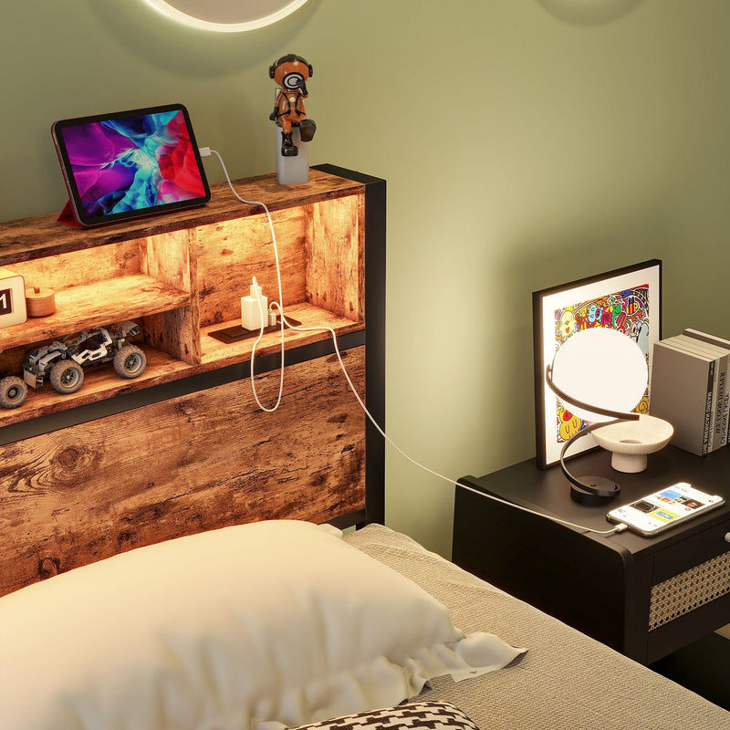 Modern Twin Size Metal Platform Bed Frame With Storage Headboard And Charging Station - Brown