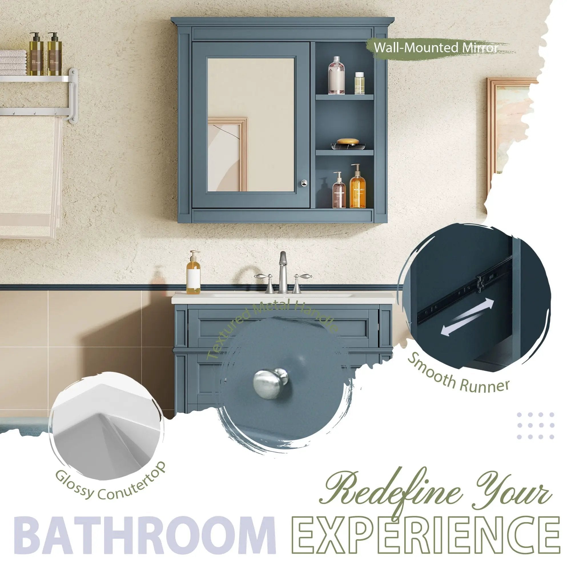 Bathroom Vanity With Medicine Cabinet, Royal Mirror Cabinet, Modern Bathroom Storage Cabinet With 2 Soft Closing Doors And 4 Drawers by Unique Piece Furniture