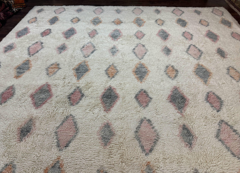 Large Modern Contemporary Indian Shag Rug 11x14, Ivory, Handmade Wool Carpet by Jewel Rugs