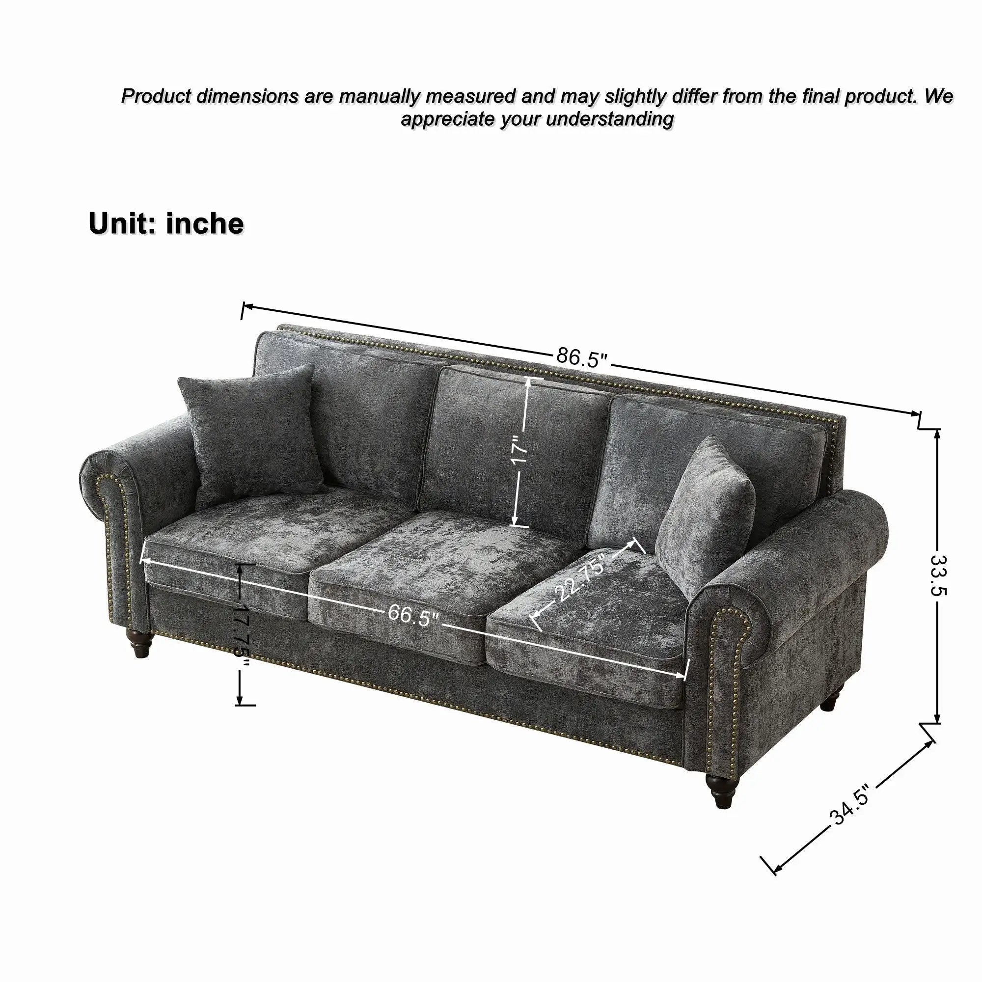 3 Seater Sofa With Tufted Upholstery, Rolled Arms, Nailhead Trim by Unique Piece Furniture