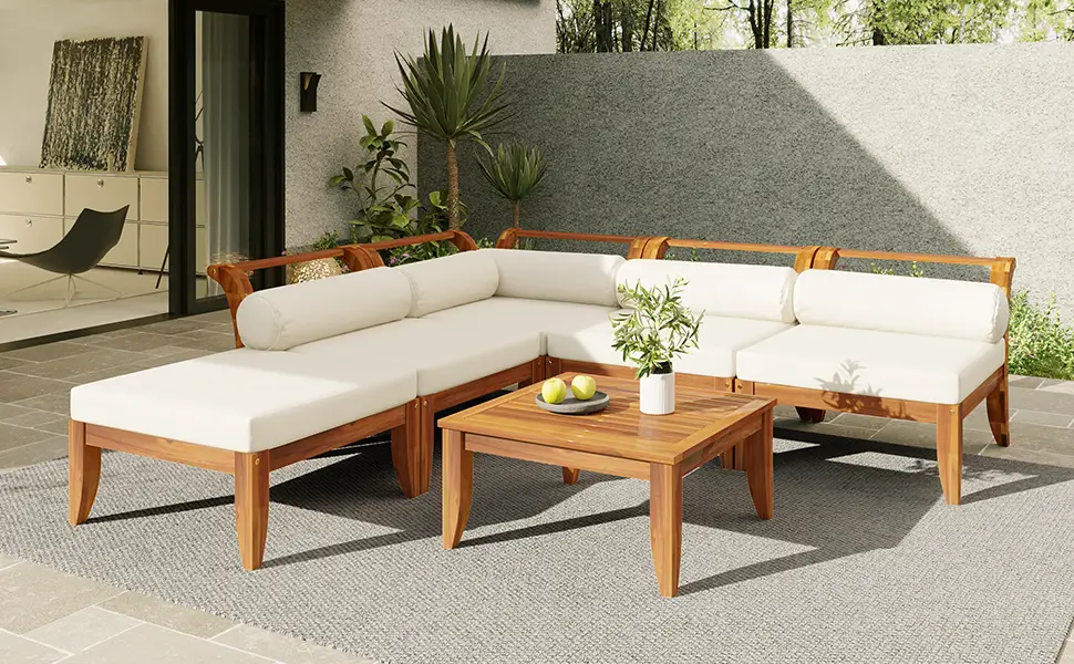 6 Piece Acacia Wood Outdoor Modular Sectional with Daybed and Tea Table by HouseOfZazla