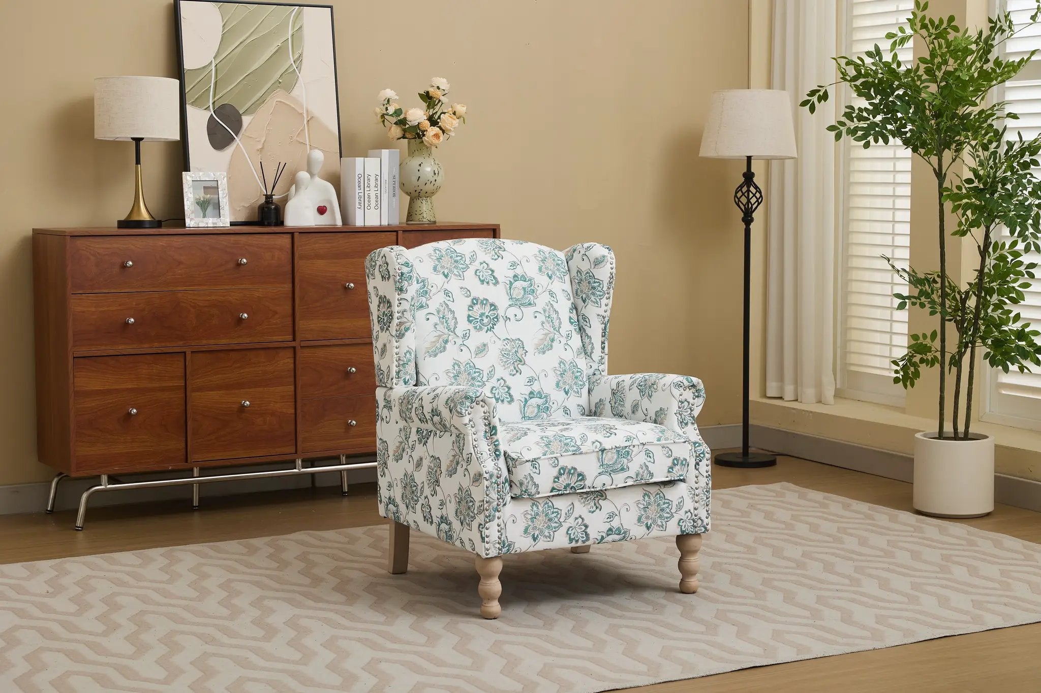 Modern Accent Chair with Retro Wood Legs and Floral Design by HouseOfZazla