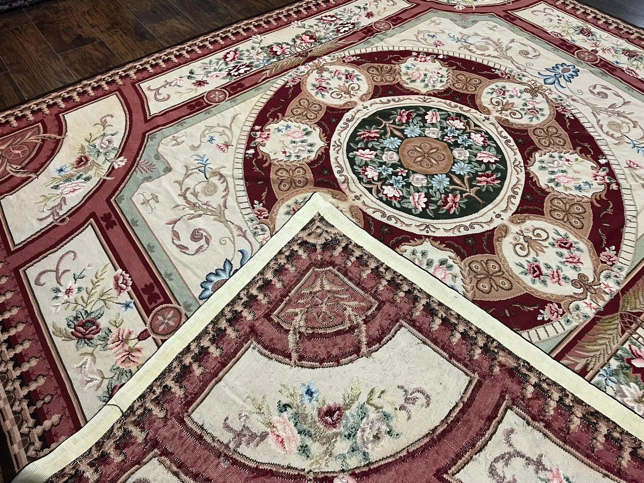 Needlepoint Rug 7.9 x 9, Beige Maroon Rose, Handmade Handwoven Flatweave Aubusson Savonnerie French European Elegant Carpet, Wool Rug by Jewel Rugs