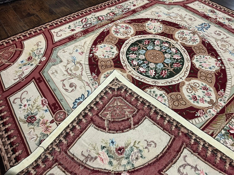 Needlepoint Rug 7.9 x 9, Beige Maroon Rose, Handmade Handwoven Flatweave Aubusson Savonnerie French European Elegant Carpet, Wool Rug by Jewel Rugs
