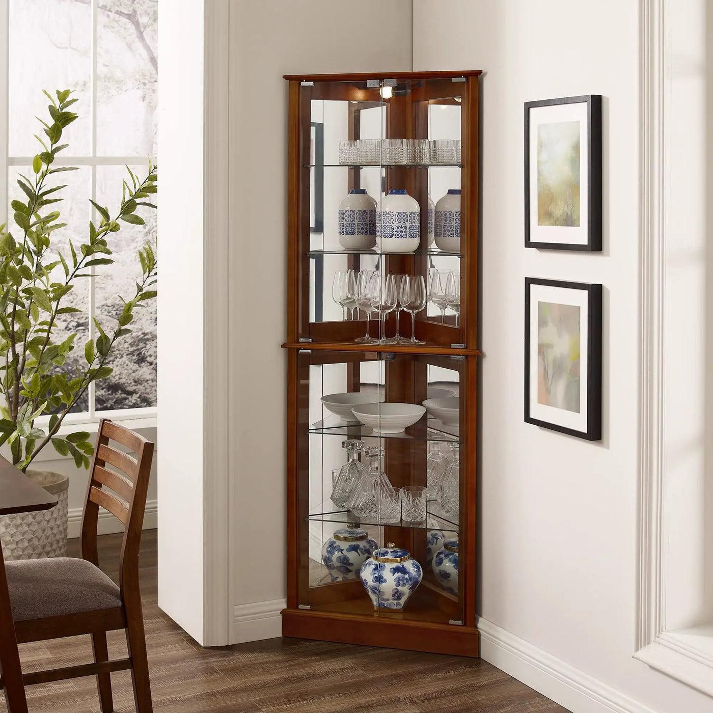 Corner Curio Dispaly Cabinet With Lights, Adjustable Tempered Glass Shelves, Mirrored Back (E26 Light Bulb Not Included) by Unique Piece Furniture